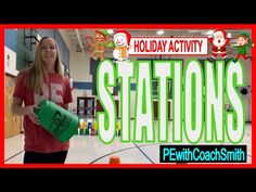 a girl is standing in front of a sign that says holiday activity stations on the basketball court