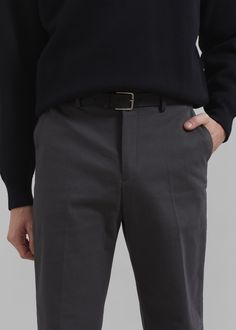 Color: Grey Midweight cotton blend fabric Regular fit Side seam pockets Back welt pockets Belt loops Zip fly Front button closure Unlined 97% Cotton 3% Elastane Dry Clean By The Frankie Shop. Imported Fitted Gray Dress Pants With Pockets, Fitted Straight Leg Gray Chinos, Fitted Gray Pants With Pockets, Slim Fit Gray Pants With Pockets, Fitted Gray Chinos For Work, Fitted Gray Chinos With Tapered Leg, Gray Slim Fit Straight Pants, Gray Fitted Tapered Leg Chinos, Gray Business Dress Pants With Pockets