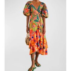 Farm Rio Macaw Ruffled Wrap Dress Size: Small New Without Tags, Never Worn Tropical Multicolor Midi Dress With Floral Print, Tropical Multicolor Midi Dress With Vibrant Print, Vibrant Tropical Print Short Sleeve Dress, Tropical Multicolor Ruffled Dress, Tropical Multicolor Midi Dress For Spring, Tropical Multicolor Dress For Brunch, Chic Multicolor Tropical Print Midi Dress, Tropical Ruffle Dress For Brunch, Vibrant Short Sleeve Midi Dress For Beach