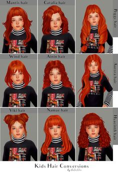 red haired girls with different hair styles and their names in each one's head