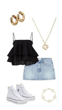 a black top, denim skirt and white converse sneakers are featured in this fashion photo