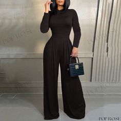 Gorgeous Long Sleeve Outfit with Adjustable Waist and Wide-Leg Pants Black Solid Color Bottoms For Fall, Black Jumpsuits And Rompers For Fall, Black Long Sleeve Jumpsuits And Rompers For Fall, Black Non-stretch Bottoms, Black Plain Wide Leg Bottoms, Non-stretch Black Bottoms, Casual Long Pants Jumpsuits And Rompers, Casual Long Pants Jumpsuits In Solid Color, Black Casual Wide Leg Pants