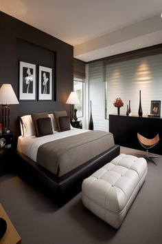 Luxurious and minimalist master bedroom with clean lines and a monochromatic palette, designed for couples. Couple Bedroom Ideas Married Modern Classy, Him And Her Bedroom Ideas, Bedroom Ideas For Married Couples, Husband And Wife Bedroom Ideas, Young Couple Bedroom Ideas, Husband And Wife Bedroom, Bnb Decor, Bedrooms Ideas For Couples, Mediterranean Bedroom