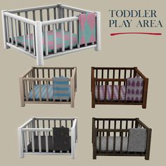 four baby cribs with towels on them and the names toddler play area