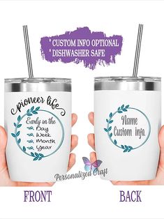 two personalized tumblers with names on them, one is white and the other is blue