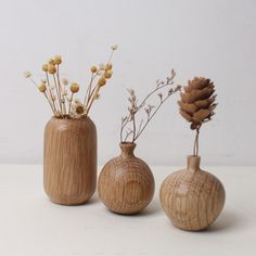 three wooden vases with dried flowers in them