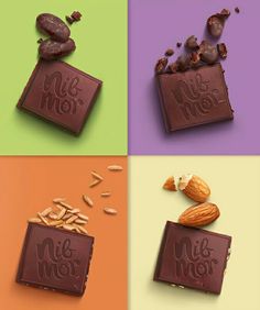 four squares with different types of chocolate and nuts on them, including almonds, peanut butter