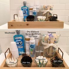 two wooden trays filled with different types of personal care items on top of each other