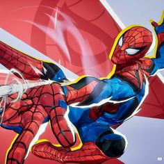 a painting of a spider - man flying through the air