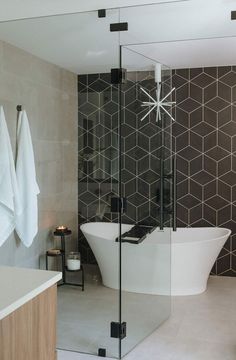 a modern bathroom with black and white tiles