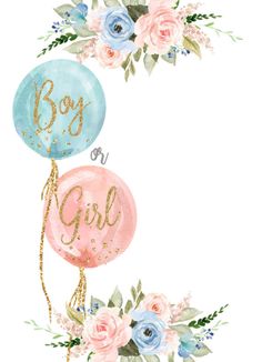 two balloons that say boy or girl with flowers and greenery around the bottom one