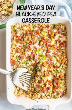 a casserole dish with broccoli, bacon and other toppings in it