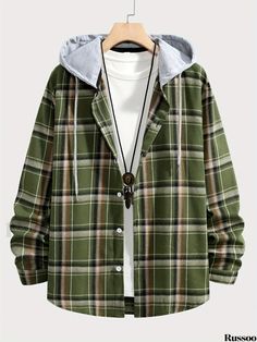 Russoo - Classic Mens Brushed Check Long Sleeve Hoodie for Casual Fashion Casual Plaid Long Sleeve Hooded Jacket, Casual Plaid Hooded Hoodie, Plaid Hoodie For Streetwear, Casual Plaid Hoodie For Streetwear, Plus Size Cargo Pants, Plus Size Suits, Novelty Clothing, Mens Loungewear, Plus Size Hoodies