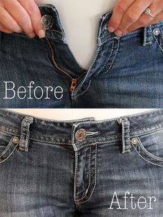 before and after pictures of jeans with zippers on the bottom, showing how to fit them