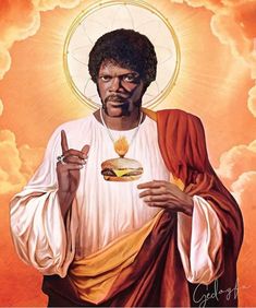 a painting of jesus holding a burger and pointing to the side with his finger up