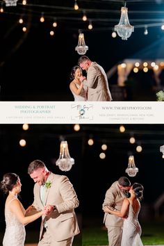 the bride and groom have their first dance under chandeliers in this wedding photo