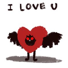 a red heart with black wings and the words i love u written on it, in front of a white background