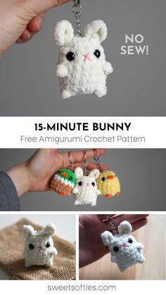 crochet bunny keychain is shown with the text, 15 minute bunny free amigurmi crochet pattern