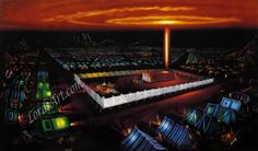 an artist's rendering of a stadium at night with many tents set up in the middle