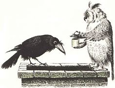 an owl and a bird are eating out of a bowl