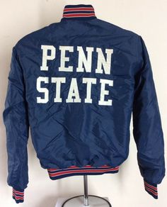 Vintage 70s 80s Penn State jacket by Windless. A couple of small dark stains on back near the bottom, a few smudges on letters on back, as shown in the photos. No holes, no chipped paint on buttons. Size XS. Please note measurements to avoid returns: laid flat measures 20.5” across chest (armpit to armpit), 22.75” length (base of collar on back to bottom of jacket), 33.5” sleeve length (center of base of collar on back to end of sleeve). Vintage Varsity Jacket For College In Spring, Navy Fitted Retro Outerwear, Fitted Navy Retro Outerwear, Vintage Spring Outerwear For College, Retro Fitted Blue Outerwear, Fitted Retro Blue Outerwear, Blue Fitted Retro Outerwear, Vintage Fall School Tops, Retro Blue Varsity Jacket For Fall