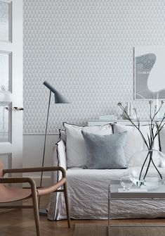 Trapez Geometric Wallpaper from the Scandinavian Designers II Collection by Brewster Vertigo Wallpaper, Grey And White Wallpaper, Scandi Living, Wallpaper White, Textile Pattern Design, Design Icon, White Rooms, Arne Jacobsen, Geometric Wallpaper