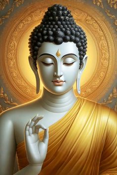 the buddha statue is sitting in front of a golden background