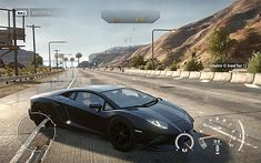 a black sports car driving down a street next to a mountain range in need of speed