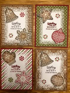 four cards with christmas decorations on them