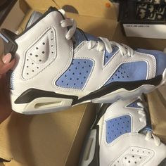 Brand New Never Worn Blue Sneakers With Perforations And Round Toe, Blue Perforated Round Toe Sneakers, Sporty Blue Custom Sneakers With Perforations, Blue Low-top Basketball Shoes With Perforations, Blue Lace-up Basketball Shoes With Perforations, Blue Custom Sneakers With Perforations, Jordan Blue, Shoes Jordan, Kids Jordans