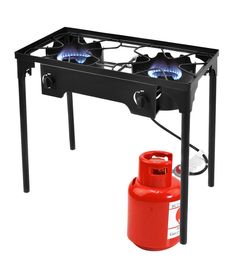 a gas stove with two burners and a propane tank attached to it's side