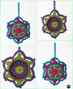 crocheted ornaments are hanging from strings in four different colors and patterns, each with a flower