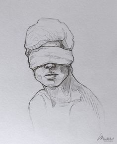 a drawing of a woman with a bandage on her head