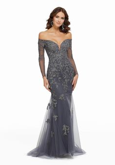 MGNY By Mori Lee 72015 - Metallic Lace Trumpet Dress Evening Dresses 0 / Charcoal Navy Evening Dresses, Mom Dresses, Dresses Silver, Mother Of The Bride Gown, Off Shoulder Gown, Trumpet Dress, Delicate Embroidery, Bride Gowns, York Dress