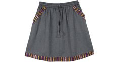 Casual Cotton Mini Skirt For Festival, Casual Skirt With Elastic Waistband For Festival, Casual Festival Skirt With Elastic Waistband, Casual Lined Mini Skirt For Festivals, Gray Cotton Mini Skirt For Summer, Bohemian Mini Skirt With Pockets, Gray Cotton Skirt With Pockets, Casual Gray Cotton Mini Skirt, Cotton Skirt With Frayed Hem, Short Length