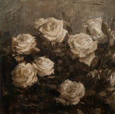 an oil painting of white roses in a vase