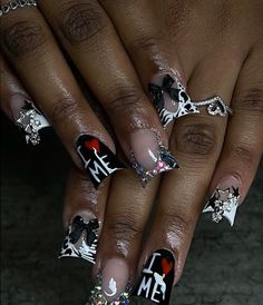 @wynscreations on ig Nail Green And Black, Black White Red Nails Design, Nails Blinged Out, Duck Nail Ideas, Black Duck Nails, Black Junk Nails, Black And Grey Nails, Junk Duck Nails, Graffiti Nails