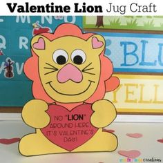 a valentine lion holding a heart with the caption, valentine lion crafts for kids