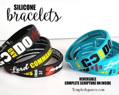 "Book of Mormon Theme Children and Youth Theme \"GO and DO\"  Reversible silicone bracelet wristbands. -  1 Nephi 3:7 Complete verse on inside Go & Do on outside with Moroni and Temple debossed. Colors:  Black or Teal - Mix of both colors will be sent unless you specify in the notes as to which color you want if only one color. Three Size Options: Jr. Primary, Sr. Primary, Youth Adult Great Birthday Gifts, Goal Motivation and Incentive, Great To Be Eight Gift, Baptism Gift, Incentive Awards, Prizes, Parties, Teachers, Missionaries, Christmas Stocking Stuffers, Relief Society, Visiting Teaching Gift,  Seminary, YW, YM, Young Women, Young Men, Presidency, friends, family and just for fun. temple squares bracelets match the Come Follow Me Curriculum used by The Church of Jesus Christ of Latte Adjustable Silicone Bracelet For Gift, Adjustable Silicone Bracelet For Gifts, Adjustable Silicone Bracelet As Gift, Great To Be Eight, Visiting Teaching Gifts, Goal Motivation, Young Women Theme, Gifts For Young Women, Youth Theme