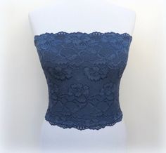 Navy blue lace tube top, lined lace strapless by MissLaceAccessories on Etsy Lace Bandeau Top, Blue Tube Top, Navy Crop Top, Lace Tube Top, Nice Belts, Low Cut Dresses, Top Strapless, Lace Bandeau, Tube Tops