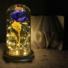 an illuminated glass jar with flowers in it