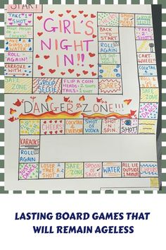 a board game with words written on it and the words girls night inn in different languages