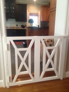 the dog is looking through the gate in the kitchen at the door to the living room