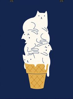 an ice cream cone with white icing and cats in it on a blue background