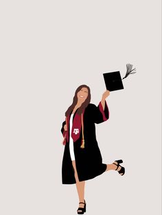 a woman in a graduation gown is holding her cap and tassel while she runs