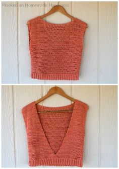 two pictures of an orange sweater hanging on a wooden hanger and another photo of the same top