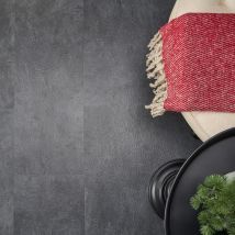 a black floor with a red pillow and some plants