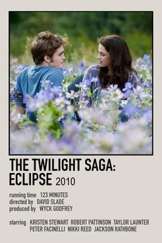 the twilight saga breaking dawn poster with two people sitting in blue and white flowered field