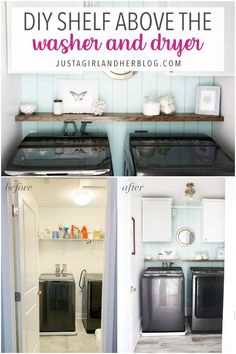 the before and after pictures of a washer and dryer in a laundry room