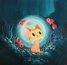 a painting of a cat sitting in the water with fish around him and looking at it